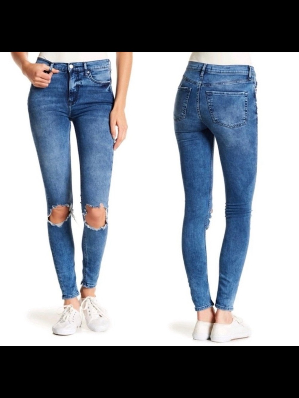 Free People Skinny Jeans Size 27 Distressed Knee Rip Stretch Denim Medium Wash